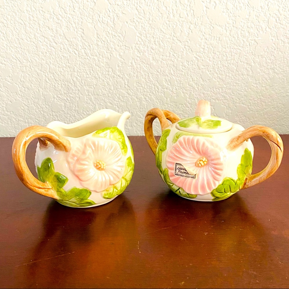 Vintage Fitz and Floyd creamer and sugar set, pink/green floral, c 1987